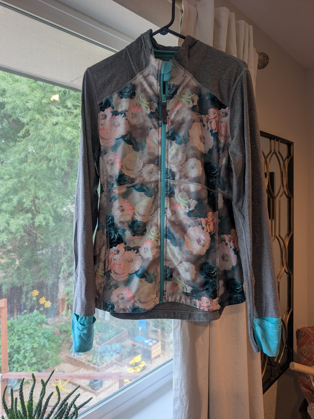 MPG Floral Athletic Jacket in Gray with Teal Accents